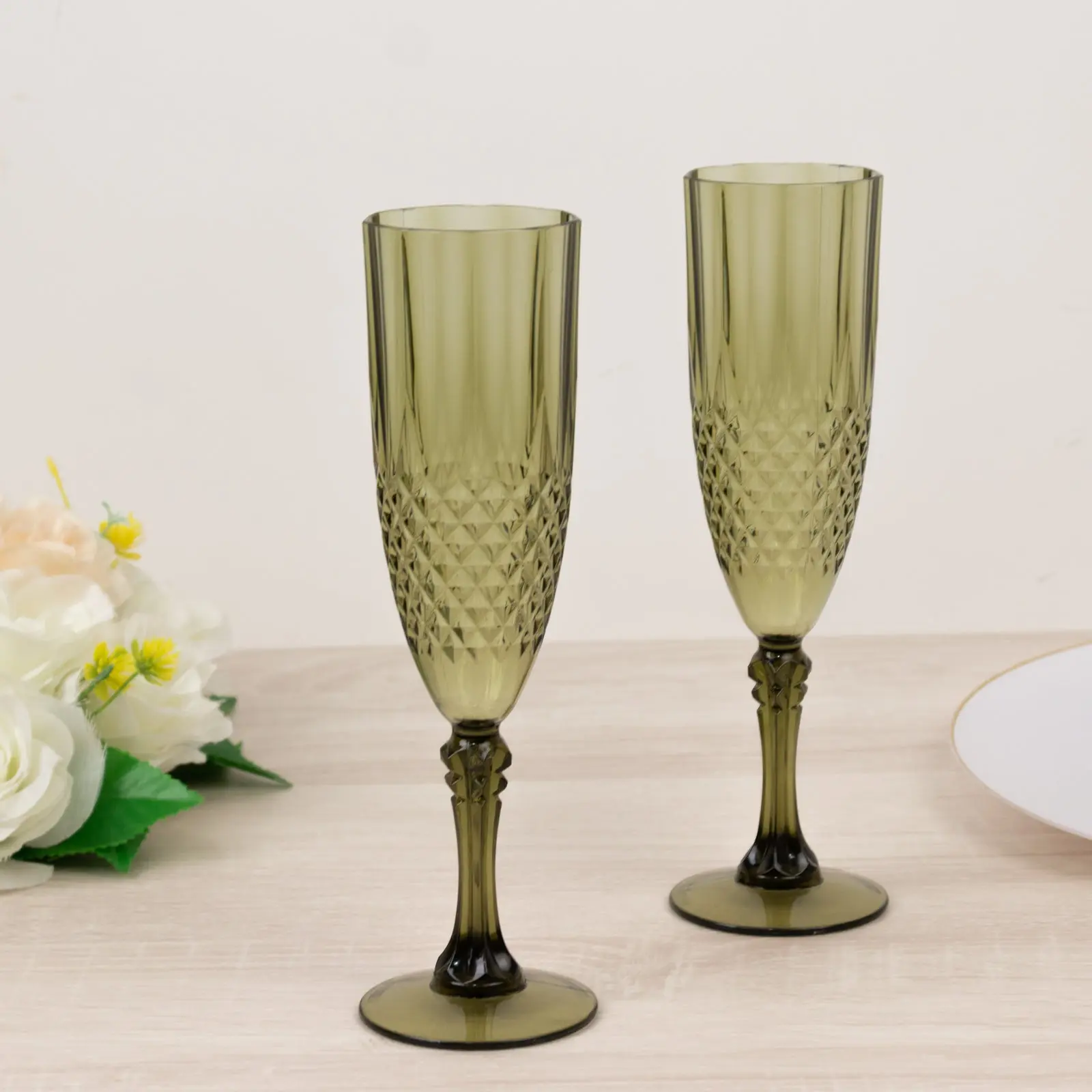 6-Pack Dusty Sage Green Crystal Cut Style Transparent Plastic Champagne Glasses - 8oz Shatterproof Glassware Drinkware for Wedding Toasts, Birthday, Dining