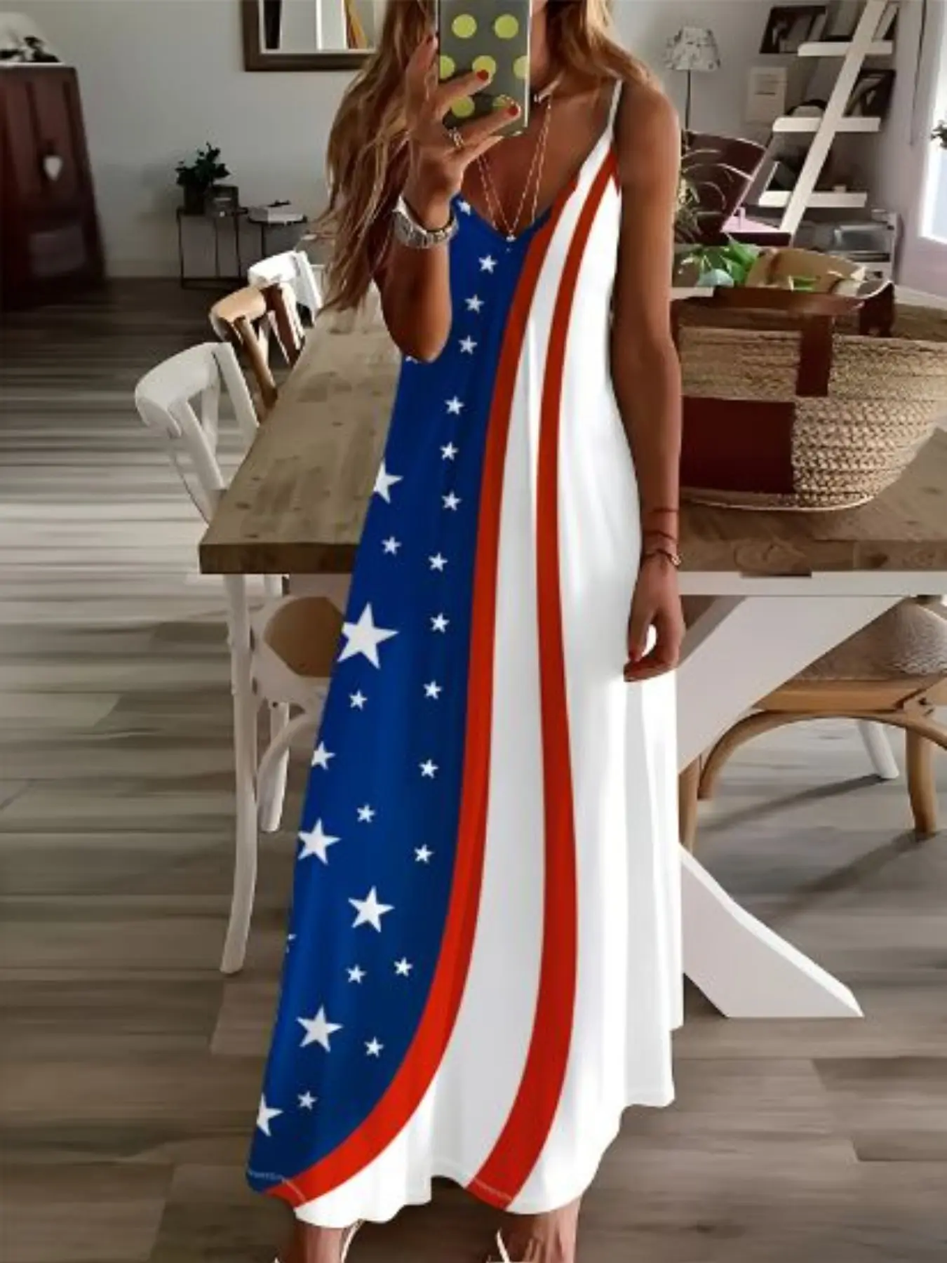Summer Star-Pattern Boho Printed Dress, Casual Loose-Fit Sleeveless Dress with Adjustable Straps, Elegant Summer Fashion Dress for Women