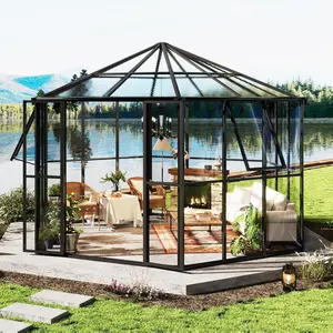 【Ships in 2 Boxes】AMERLIFE 12x10x8 FT Hexagonal Hybrid Polycarbonate Greenhouse for Outdoors, Quick-Connect Assembly, Aluminum Frame with Ventilation and Rain Gutter for Backyard Garden, Black Durable Growing Tray All Natural Plant
