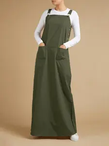 Women's Solid Color Basic Button Pocket Pinafore Overalls Dress without Inner Top, Casual Sleeveless Long Overalls Dress for Fall & Winter, Womenswear for Daily Wear