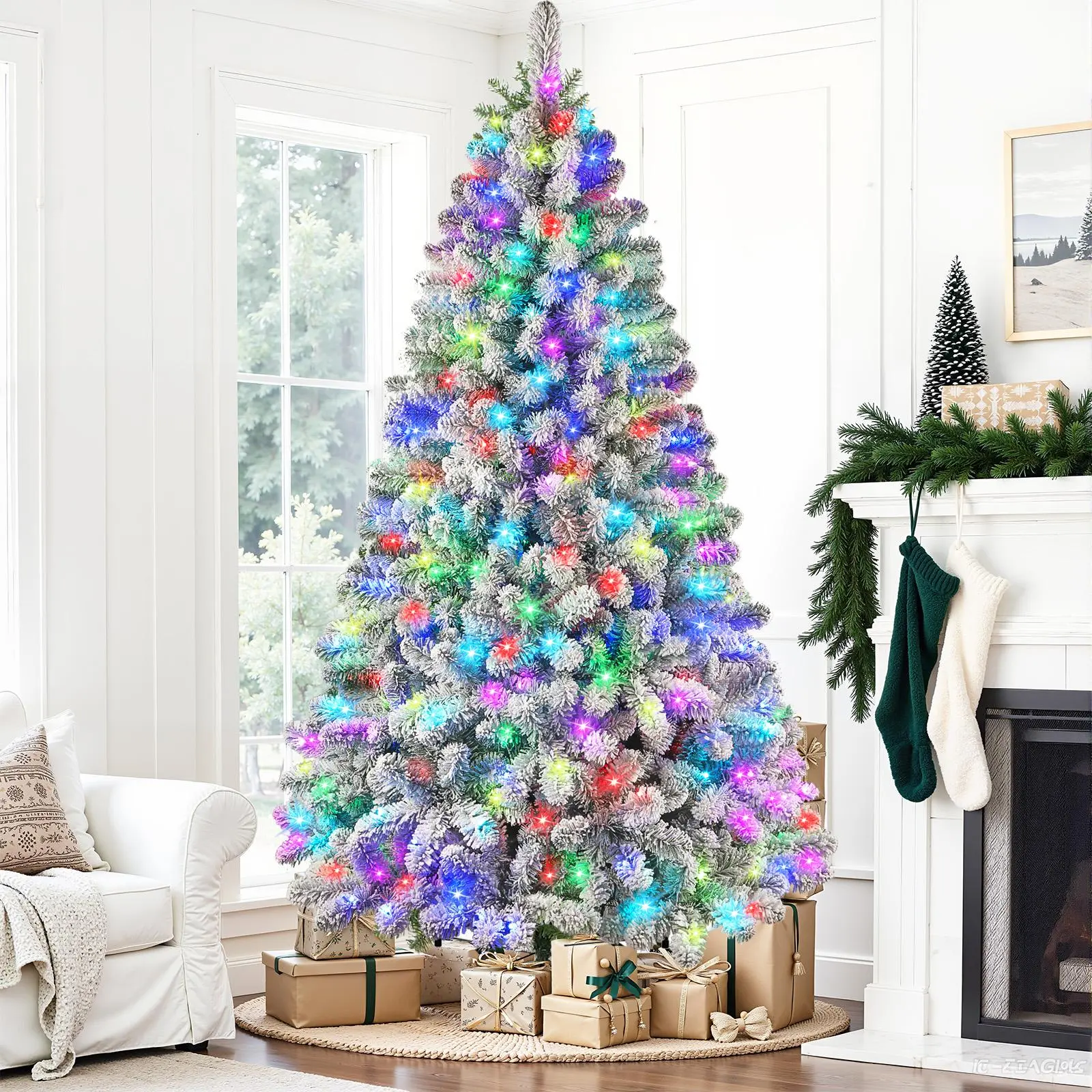 2026 RGB Lights Snow Flocked Christmas Tree with Remote Control,4/ 5/ 6/ 7.5/ 9/ 12FT Pre-Lit Xmas Tree,Color-Changing Holiday Vibe Must-Have,Xmas Home Decor