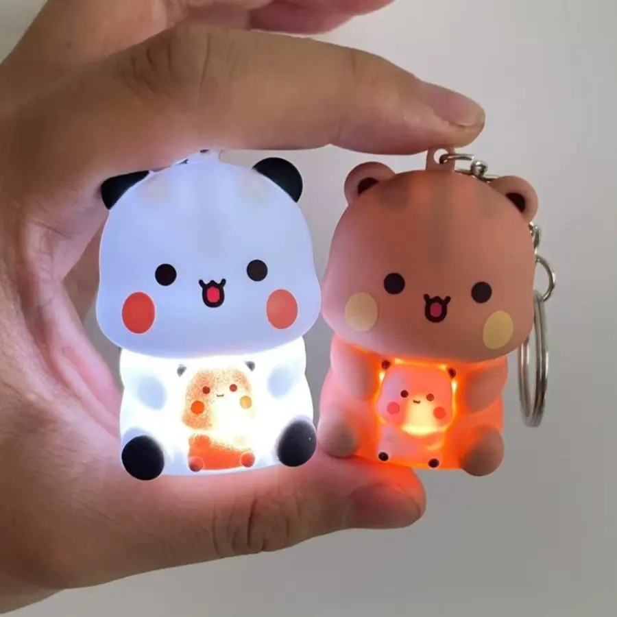 Bubu and Dudu Glow-in-the-Dark Cute Panda Bear Stuffed Toy Keychain - Yier Casual Voice Feature Key Holder, 1 Button Battery, "I Love You" Phrase, A Pair Matching Ornaments for Phones/Bags, Couple Gift, Key Holders