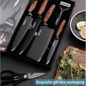 Professional 6pcs Kitchen Knives, Chef, Cleaver, Slicer, Utility Knife Peeler Stainless Steel With Wood Handle Cooking Chef Knife Set For Home Travel Vegetable, Meat, Fruit With Gift Box
