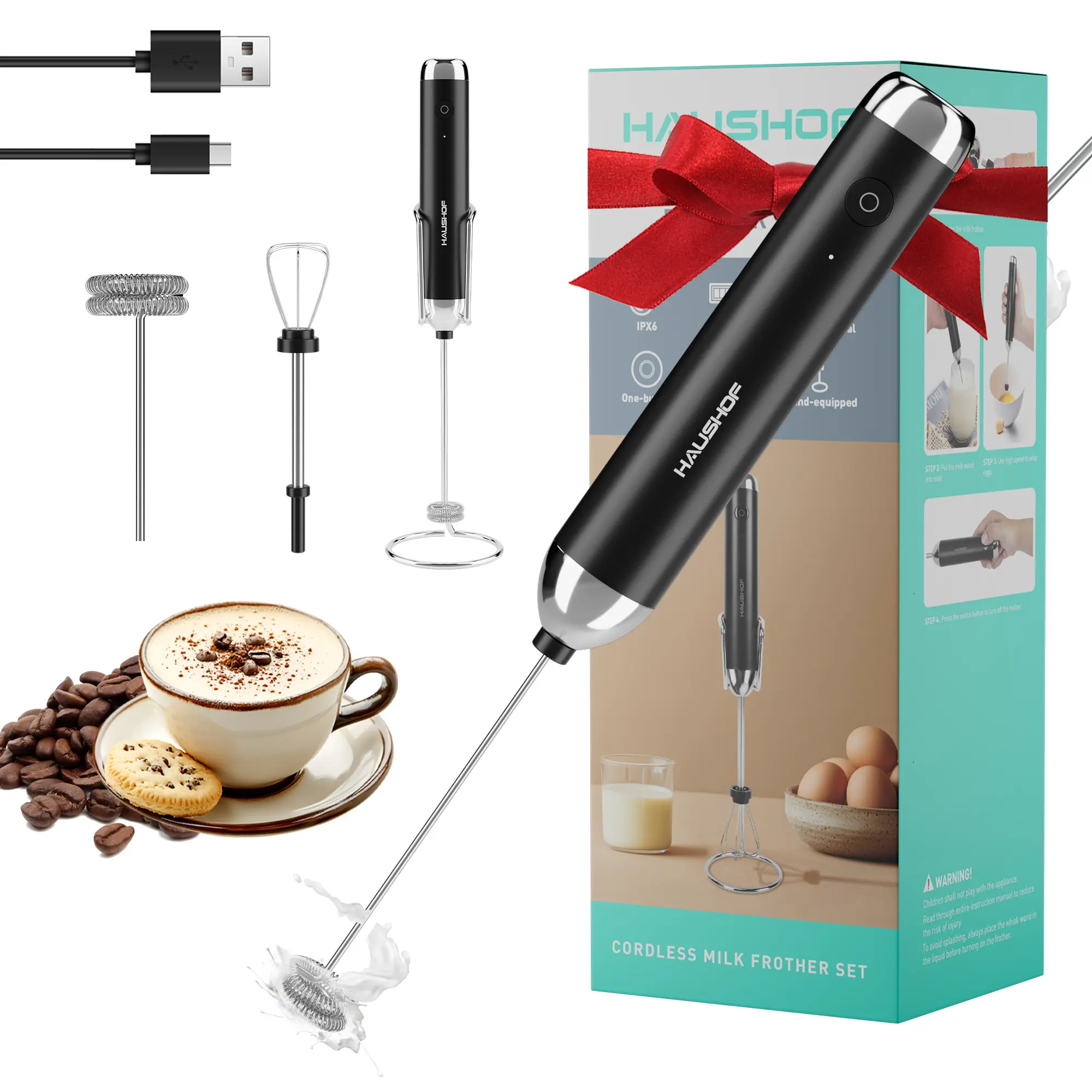 #backtoschool HAUSHOF Powerful Rechargeable Milk Frother Wand with Stand, Handheld Electric Foam Maker, Drink Mixer with 2 Detachable Stainless Steel Whisks 2 Speeds for Coffee Latte, Cappuccino, Matcha, Black