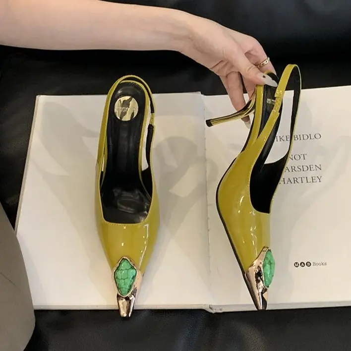 Women's Patent Leather Classic Pointed Toe Slingback Stiletto Heel Pumps - Metallic Cap, Gemstone Accent, Classic Elegant Footwear for Evening Party Use, Elegant Shoes for Women