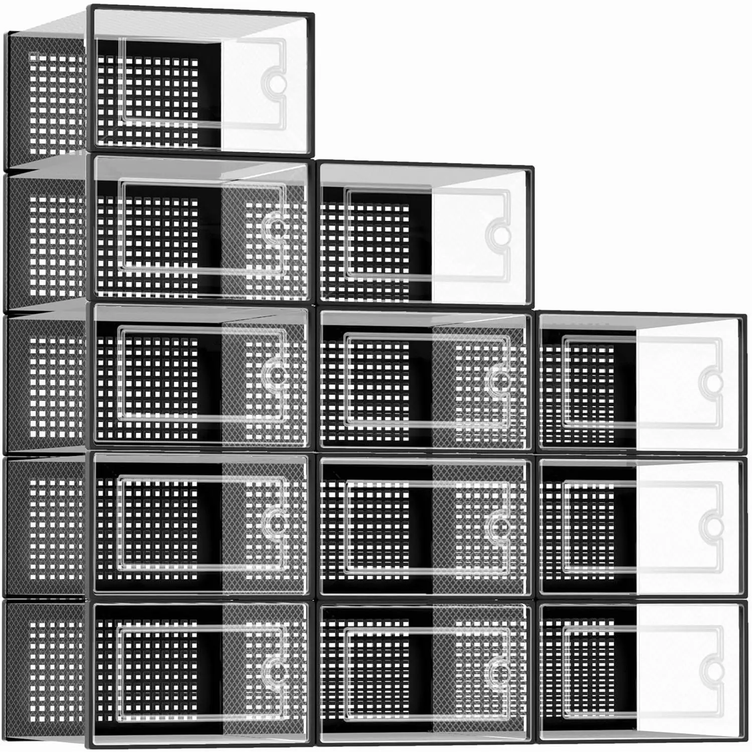 12-Pack Rectangular Multifunctional Plastic Shoe Storage Boxes with Drop-Front Lids, Black Home Organizer for Bedroom Wardrobe, Closet, Under Bed, Fits Adults' Size 10 Shoes (No Flimsy Construction)