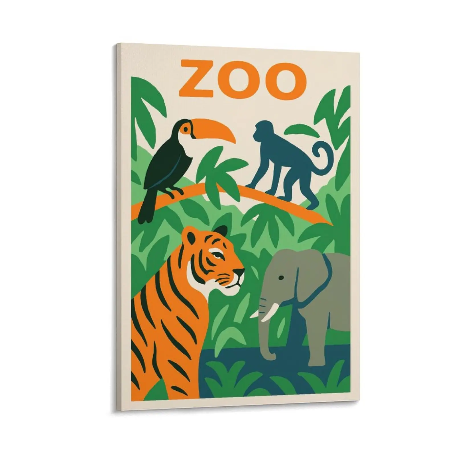 Zoo Animals Canvas Painting Wall Art Poster, Jungle Safari Decor Print, Fun Wildlife Tiger Elephant Monkey Bird Artwork for Kids Nursery Playroom Bedroom Gift Canvas Poster Decor Gift Frames Ornaments Decoration Artistic Photo