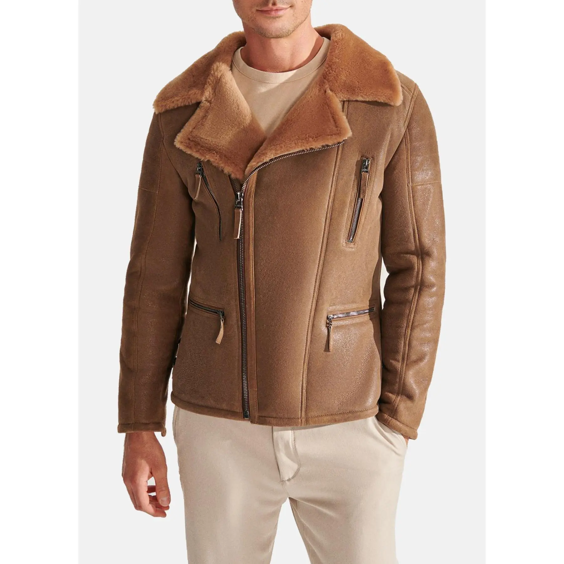 Mens Soft Tan Shearling Leather Jacket
