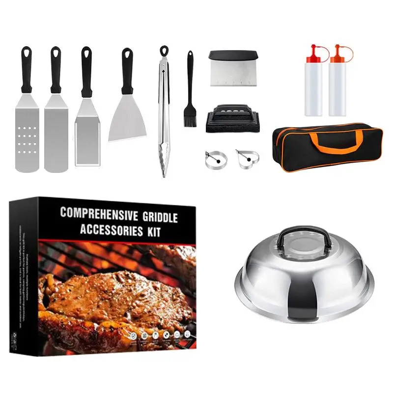 Griddle Accessories Kit, 14pcs/set Flat Top Grill Accessories Set for Blackstone and Camp Chef, Grill Spatula Set with Enlarged Spatulas, Basting Cover, Scraper for Outdoor BBQ, Barbecue Cooking Kitchen, Barbecue Utensils, Grilling Accessories