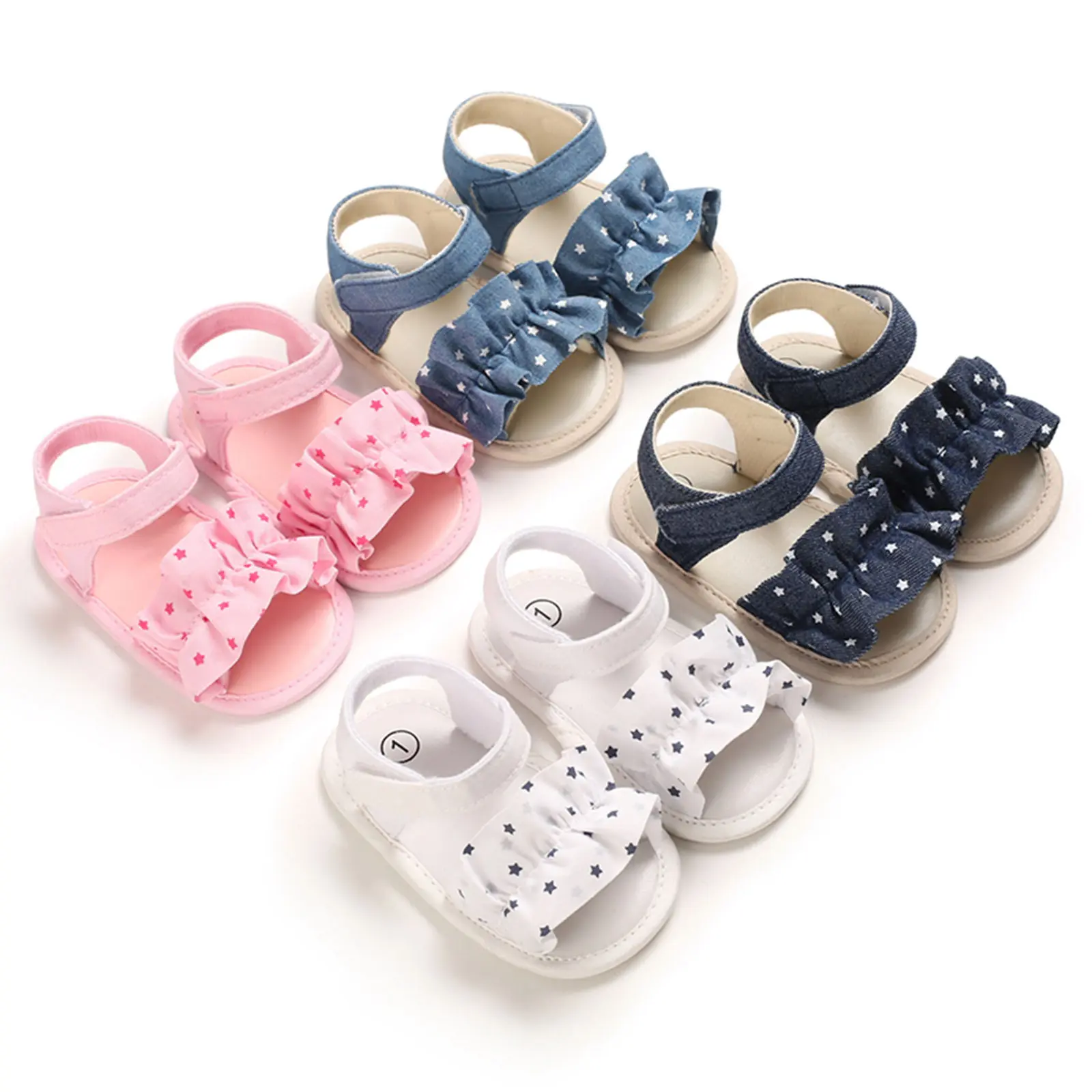 Infant Baby Girls Summer Sandals Soft Sole Anti-Slip Star Ruffle Flats Newborn Toddler First Walking Shoes 0-12 Months