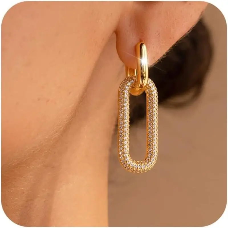 Women's 14K Gold Plated Paperclip Double Hoop Earrings, Minimalist Square Link Dangle Huggies, Lightweight Hypoallergenic Gold Costume Jewelry, Earring For Women, Double Hoops