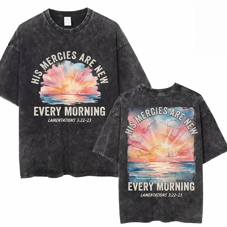 Men's Playful Vintage Distressed Top, Casual Menswear with Christian "His Mercies Are New Every Morning" Watercolor Sunrise Graphic, T-Shirt, Festive, All Seasons, Fitted
