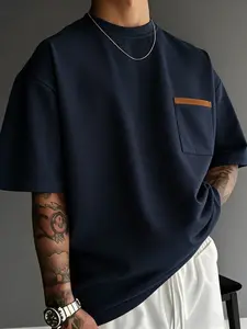 Men's Indigo Waffle Knit Classic T-Shirt, Colorblock Pocket Detail, Loose Fit Casual Round Neck Top, Perfect for Daily & Commute Wear