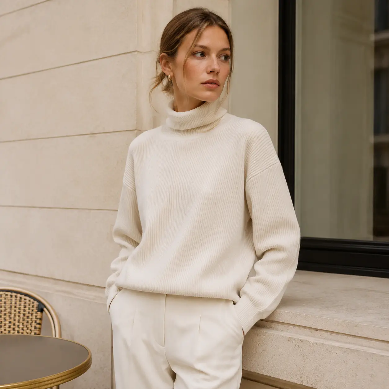 Women's Ribbed Turtleneck Long-Sleeve Fitted Knitwear Top - Solid White, Soft Stretch, Chic Minimalist Basic, Elegant Everyday New Year Piece for Fall Winter Office Outfits, High Neck