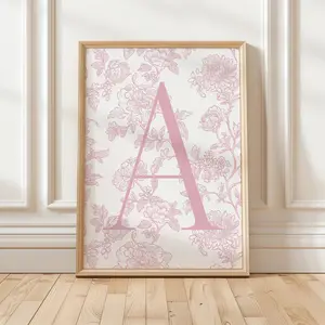 Custom Pink Meadow Monet and Dusty Rose Pink Initial Letter Print For Bed Room, Personalized Coquette Alphabet Poster, Nursery Artwork, Monogram Floral Wall Art, Gift For Daughter Son