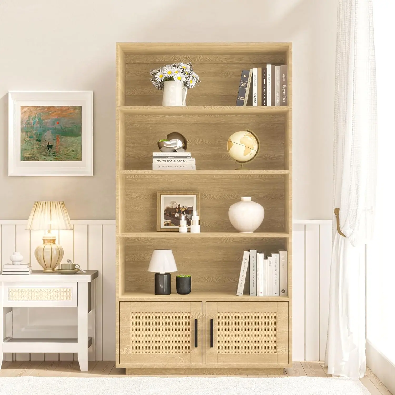 5 Tier Bookshelf, Boho Bookcase with Rattan Doors, Wooden Bookcase and Bookshelf with Storage, Tall Book Stand, Large Bookshelf for Living Room, Bedroom, Home Office, Kitchen