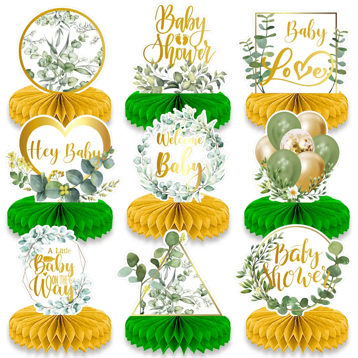 9 Pcs Greenery Baby Shower Decorations Baby Shower Table Honeycomb Centerpiece Decorations Oh Baby Party Decorations Sage Green Party Table Centerpieces Baby Birthday Decorations Birthday Baby Shower Party Supplies