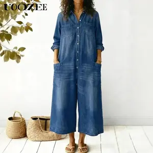 UOOZEE Women's 2026 New Spring-Summer Cotton Long-Sleeve Denim Jumpsuit - Oversized Lapel, Buttoned, Wide-Leg, Loose-Fit, Pockets, Casual Coveralls Garments for Spring Brunch & Smart-Casual Events