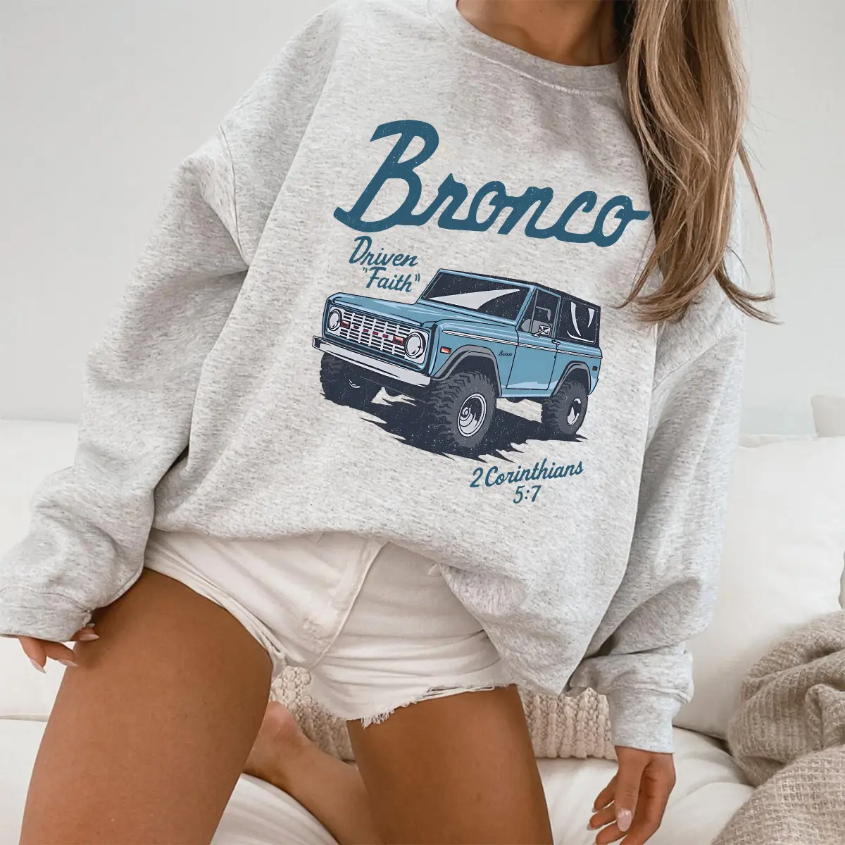 Driven By Faith Bronco Sweatshirt, Classic Off-Road Car Enthusiast Pullover Unisex Soft Fleece Jumper for Men Women Cozy Beige Graphic Apparel