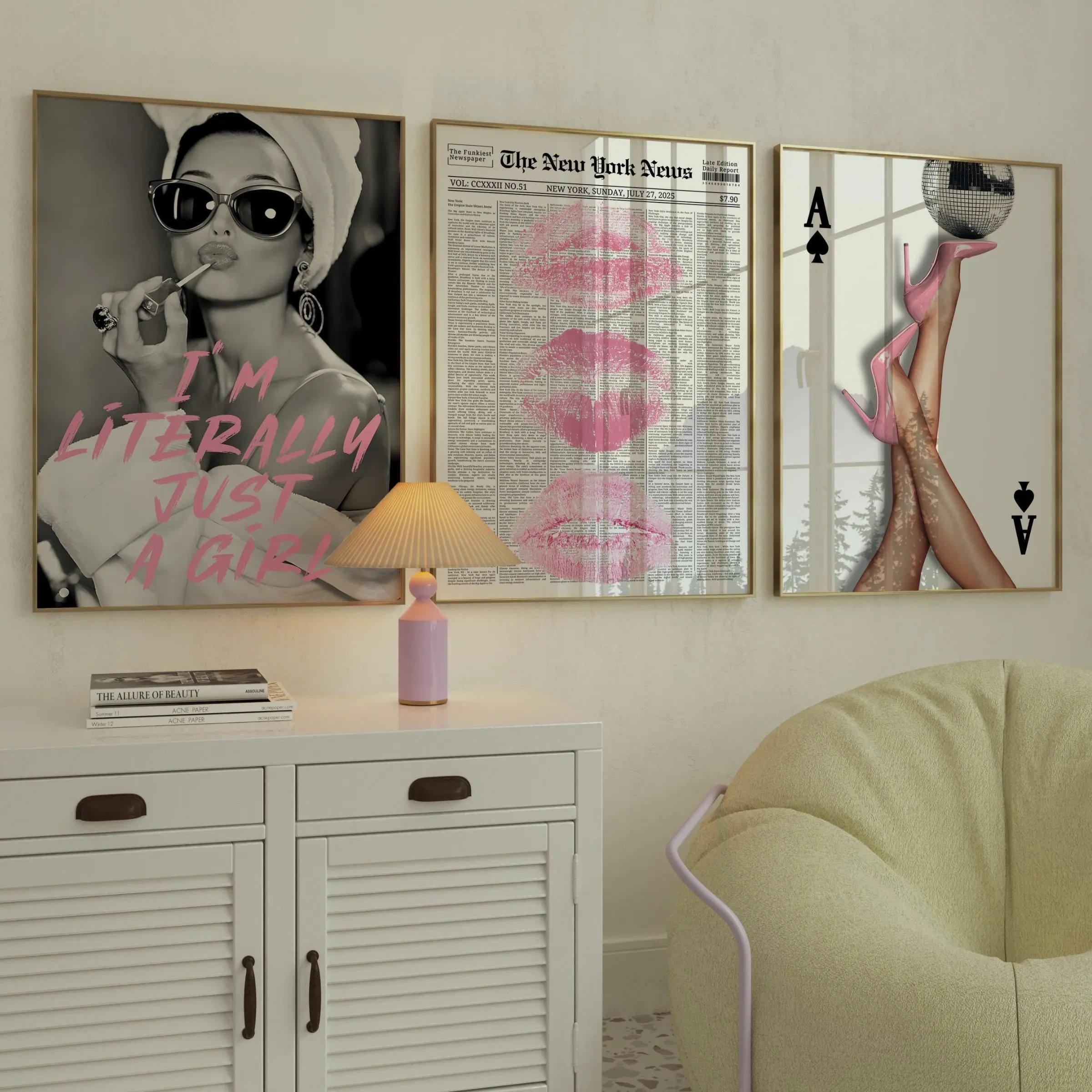 3 Piece Set Vintage Fashion Artistic Wall Art, Art Wall Decoration, Decoration Items, High Heel Lip Prints and Girl Quotes Dorm Decor, Feminine Y2K Aesthetic for Living Room & Bedroom