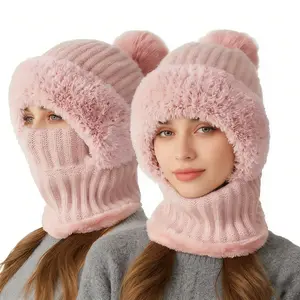 Women's 2 in 1 Fuzzy Fur Trim Beanie Hat Neck Warmer Set Thermal Ski Cap for Cold Weather