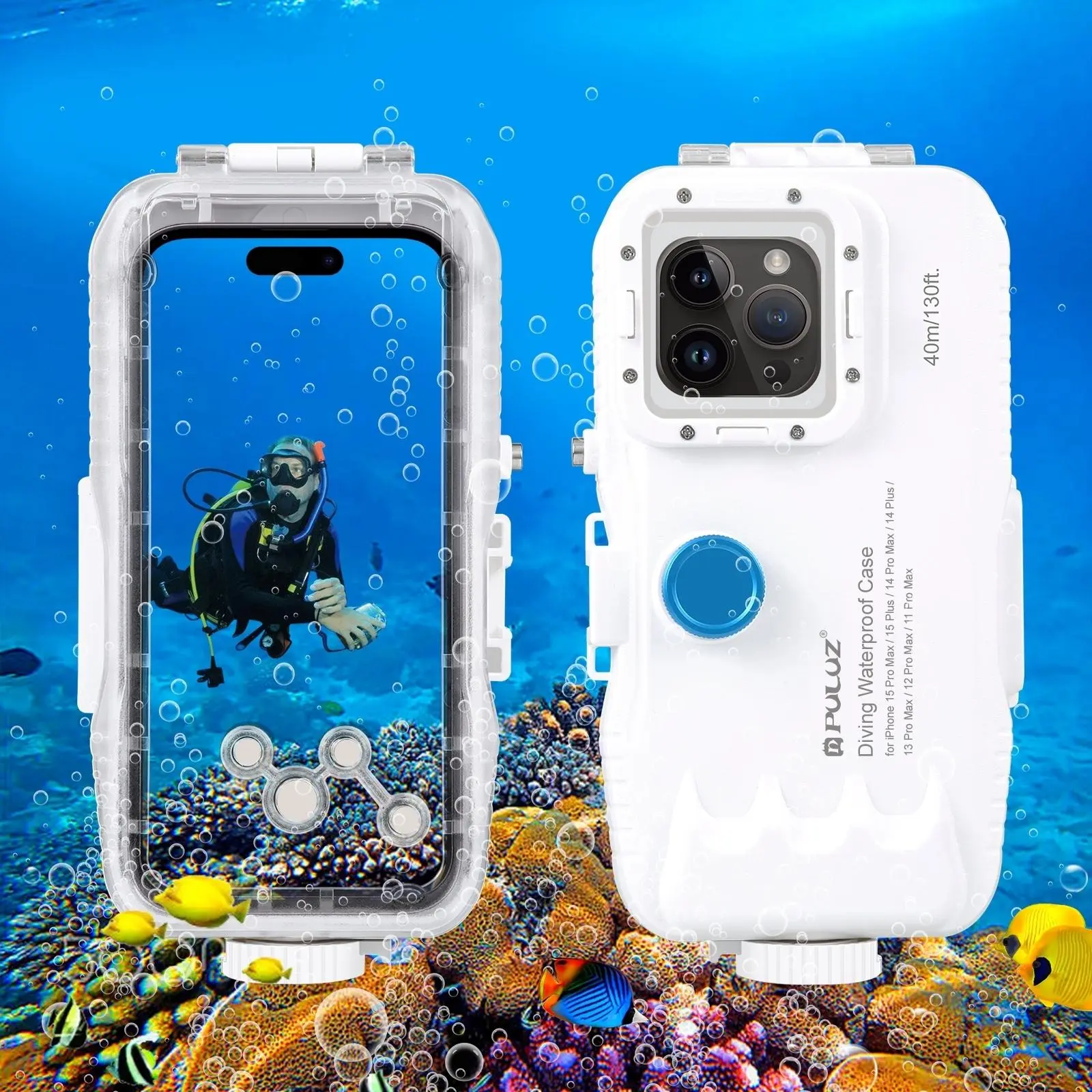 PULUZ iPhone 15/14/13/12/11 Pro Max & Plus Series Deep Dive 40m Waterproof Case made of PC+Tempered Glass One-way Valve Vacuum Seal Technology Screen Protector Cover