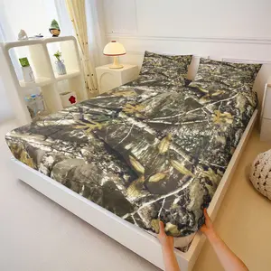 3 Pcs Forest Leaf Camouflage Print Fitted Bed Sheet Set, Retro Workwear Style, Full Wrap Design Fits Mattress Perfectly, Suitable for Military Fans and Guesthouse Owners for Themed Room Use, No Filling Included