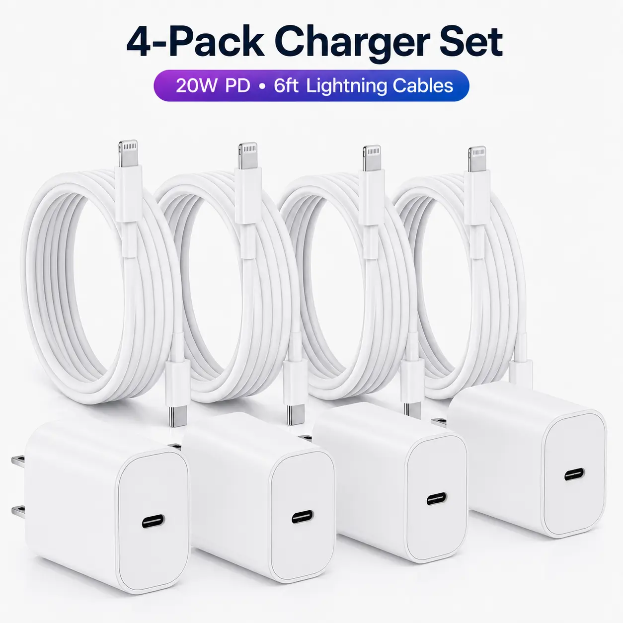 4-Set For iPhone Fast Charging Kit | 20W PD USB-C Wall Charger with 6FT USB-C to Lightning Cable | Compatible with iPhone 14 13 12 11 Pro Max XS XR SE AirPods iPad& More high speed