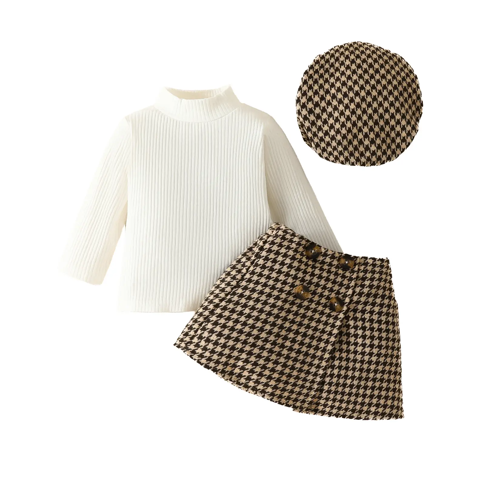 Canrulo Infant Toddler Baby Girl Fall Winter Clothes Ribbed Solid Mock Neck Sweater Top Houndstooth Wrap Mini Skirt Hat Formal Outfit