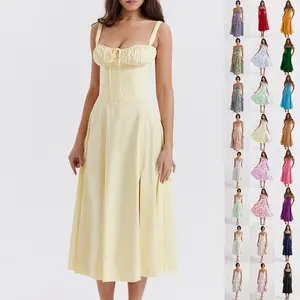 Women French Style Spaghetti Strap Dress Side Slit Solid Printed Elegant Midi Dress