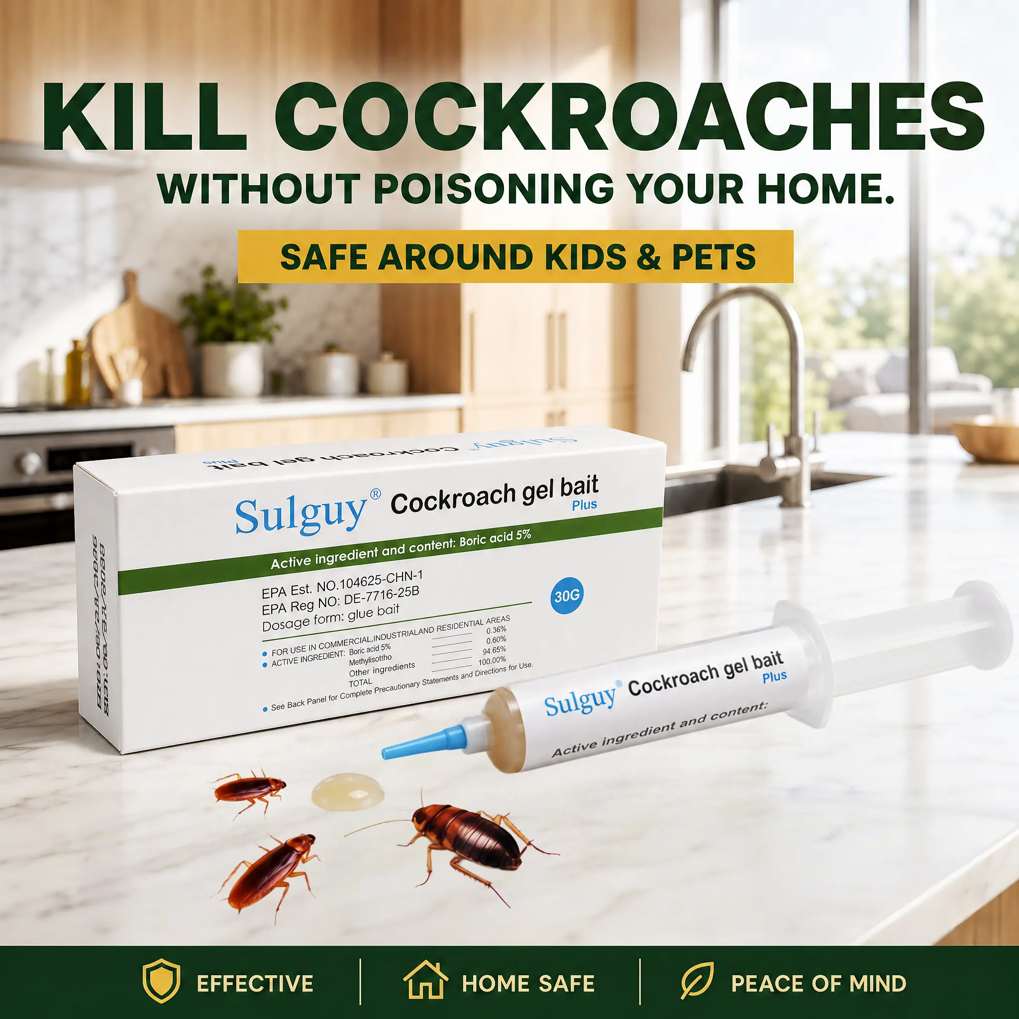 Sulguy Cockroach Gel Bait , Indoor-Outdoor Pest Control, Effective Roach Killer for American, German and Major Cockroach Species, Bug Killer Cockroaches, Insect Control Cockroaches