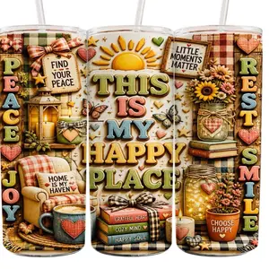 This Is My Happy  Place 20 oz Tumbler - BPA Free, Stainless Steel, Leak Proof, Clear Lid, Includes Straw