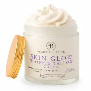 Beautiful Being Skin Glow Whipped Tallow Cream Grass Fed Beef Tallow & Castor Oil Infused Natural Moisturizer for Face & Body Calming Soothing 4 fl oz Daily Gentle Moisture Organic