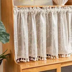 1pc Country Garden Tassel Trim Embroidered Summer Transparent Home Textile Curtains, Home Decoration Curtain, Top Rod Pocket Hanging, for Living Room, Bedroom, Balcony, Kitchen, Garden, Shed, Window Decor