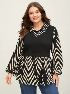 Bloomchic Geometric Print Mixed Material Knit Top - Black Lantern Sleeve Fitted Shirt Collar Casual OL Style Autumn Tunics Knitwear office fall clothing ropa para mujer Womenswear