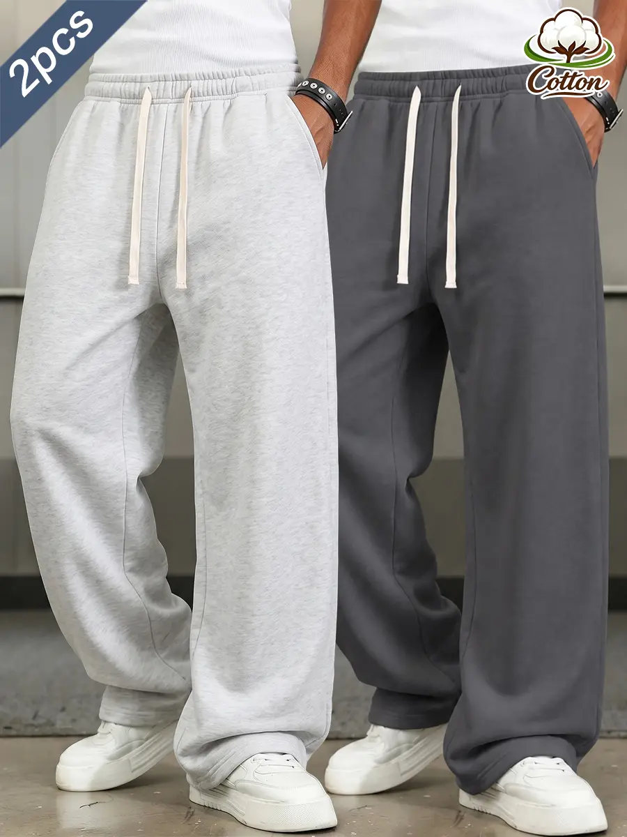 2‑Pack Men Loose Baggy Wide‑Leg Sweatpants, Cotton‑Blend Everyday Casual Trousers, Elastic Waist With Drawstring Closure, Side Pockets Straight‑Leg Pants, Dual‑Solid‑Color Street‑Style Bottoms For Gym Training Travel And Home Relax Use