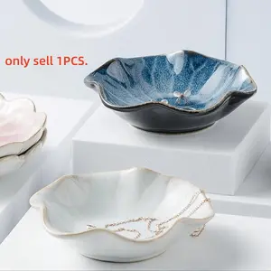 Ceramic Petal Shaped Jewelry Tray, 1 Count Decorative Stationery Storage Tray, Desk Organizer for Home Office Dormitory School, Room Decor, Ceramic Dish