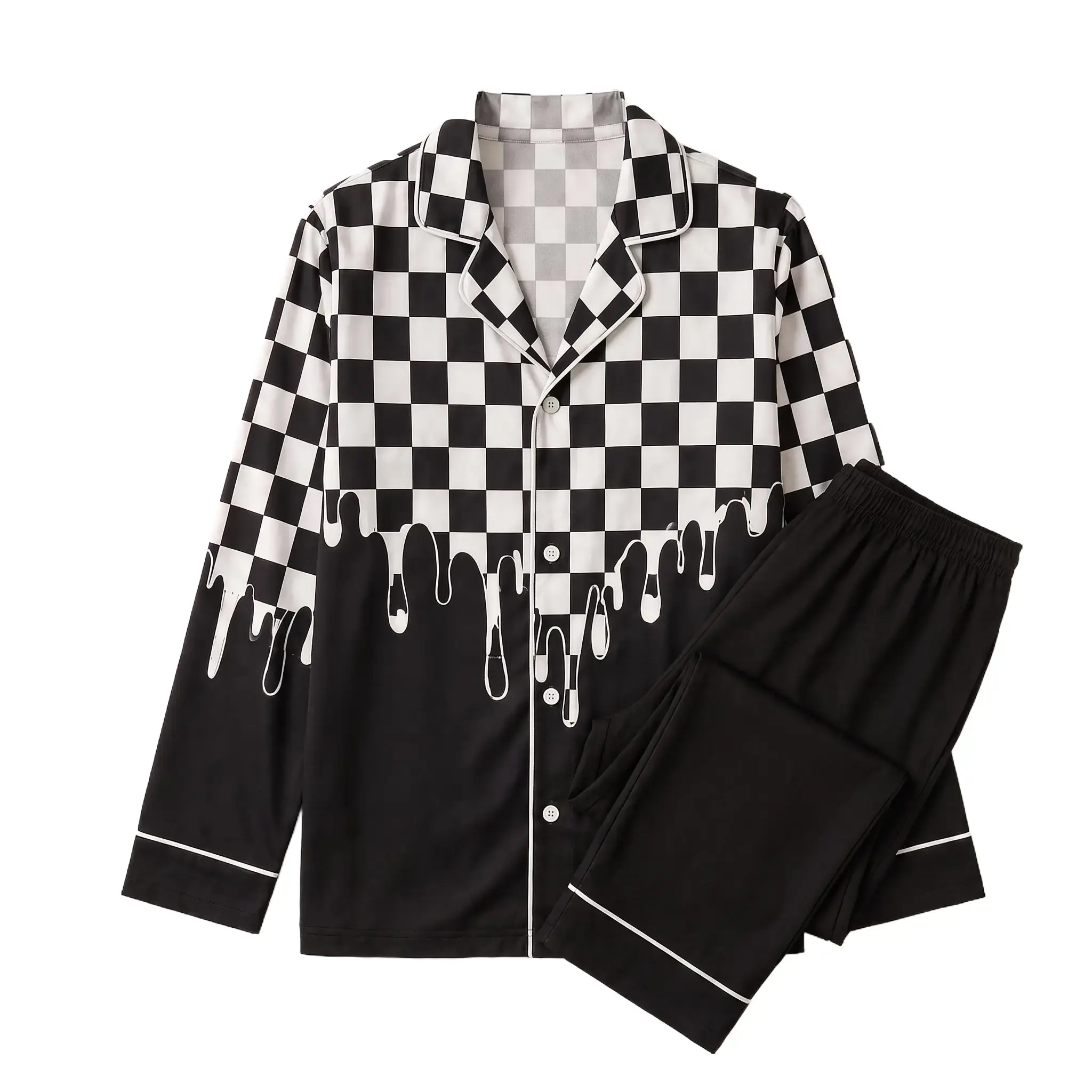 Men's 2-Piece Black & White Checkered Pajama Set - Satin-Silk Fabric, Long-Sleeve Top, Matching Black Lounge Pants, Menswear Sleepwear & Loungewear