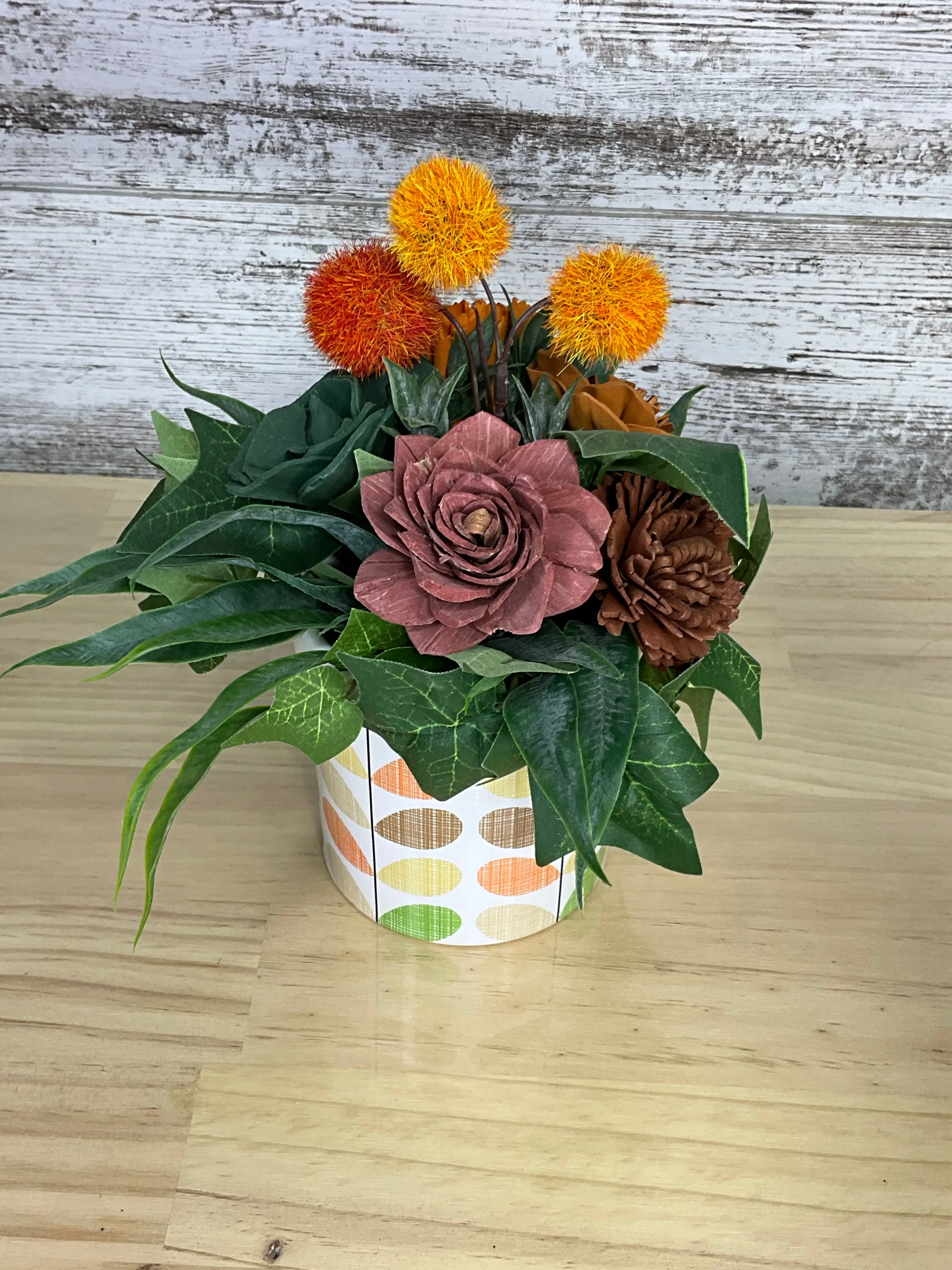 Colorful Oval Wooden Mum Bouquet - Retro Polka Dot Box Sola Wood Floral Arrangement, Home Decor Ornaments with Orange Pom Poms, Mauve, Mocha, Table Decor Gift