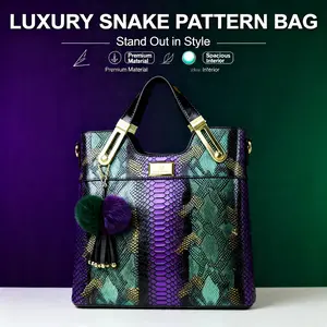 Women's Retro Colorful Snake Print PU Leather Waterproof Top-Handle Bag, Large-Capacity Handbag with Fur Pom Pom, Luxury Shoulder Purse for Work-Commute