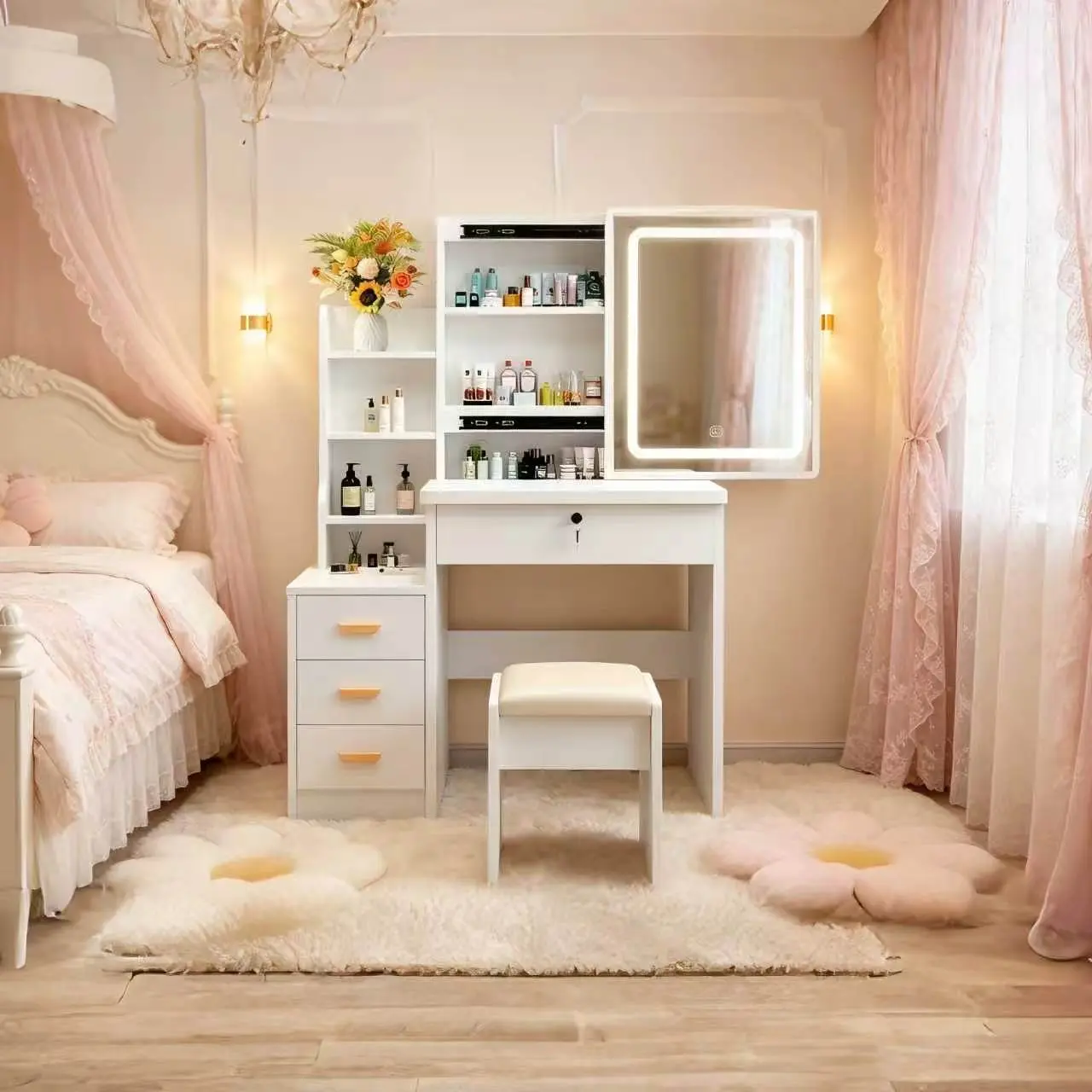 White Sliding LED Lighted Mirror Makeup Vanity Table with 3 Drawers Side Cabinet, Multi Layer Storage Dressing Desk for Small Bedroom Apartment hidden capacity