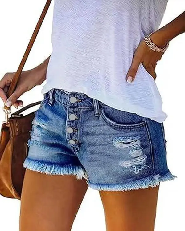 Vhein Women's Fitted Mid-Rise Ripped Denim Shorts - Streetwear, Casual, Minimalist Bottom, Summer Essential for Women, Shorts For Women