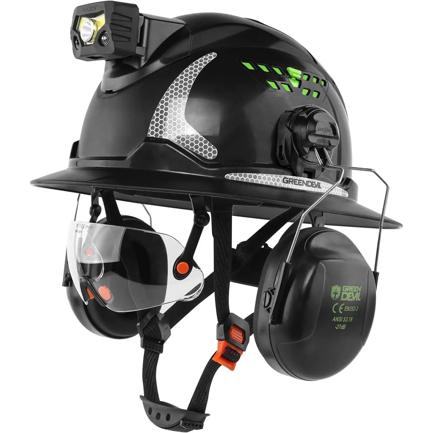 4-in-1 Full Brim Hard Hat, Vented HDPE Plastic Shell for Industrial Job-Site Wear with Adjustable Fit, Anti-Fog Visor, Ear Muffs & Headlight Mount, All-In-One Protective System