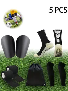 5PCS Soccer Gear Set for Men  Women Anti-Slip Shock-Absorbing Wear-Resistant Breathable Football Socks Fitness Running Socks with Athletic Tape Drawstring Football Bag Elastic Sleeve Mini Shin Guards
