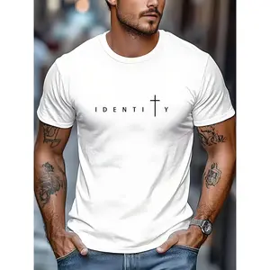 Men's Outdoor Casual Sports T-Shirt - Soft Crew Neck Casual Pullover with White Christian Cross and ID Text, Minimalist Religious Statement Sweater Suitable for Daily Wear, Comfortable Layering Essential, Machine Washable - Versatile
