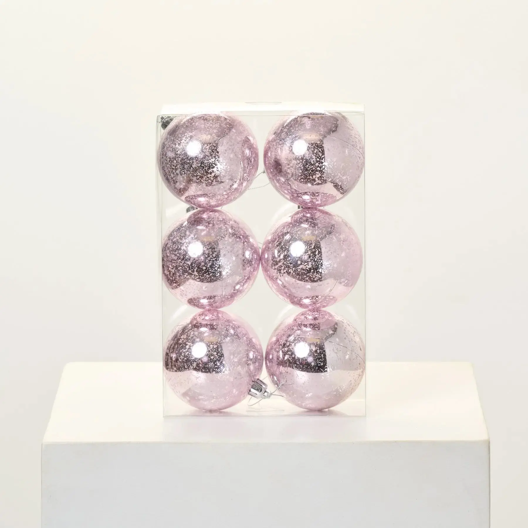 6-Piece Antiqued Blush Pink 3" Diameter Silver Mercury-Look Plastic Christmas Tree Ornaments, Artistic Sparkling Home Supplies for Holiday Decor, Antiqued Mercury Look