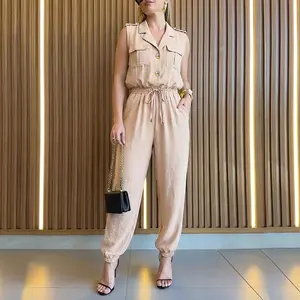 CHICME Women's Notched Collar Sleeveless Button Front Stretchy Drawstring Waist Overalls Casual Flap Pockets Design Cuffed Jumpsuit