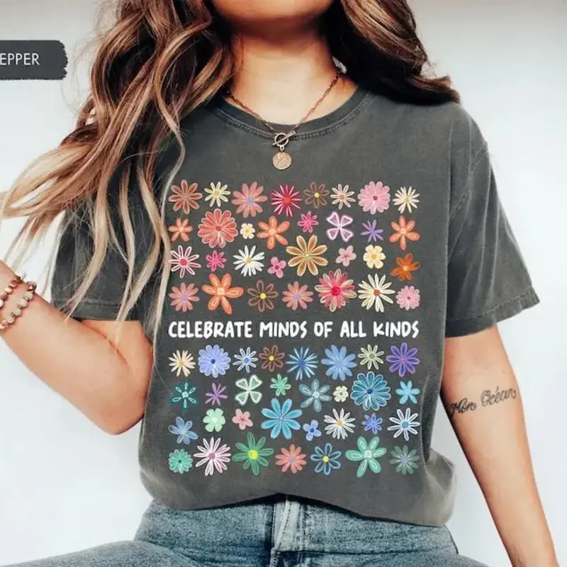 Comfort Colors Celebrate Minds Of All Kinds Shirt, Mental Health Awareness Shirt, Teacher Appreciation, Relaxed Fit, Daily Casual Cotton Womenswear