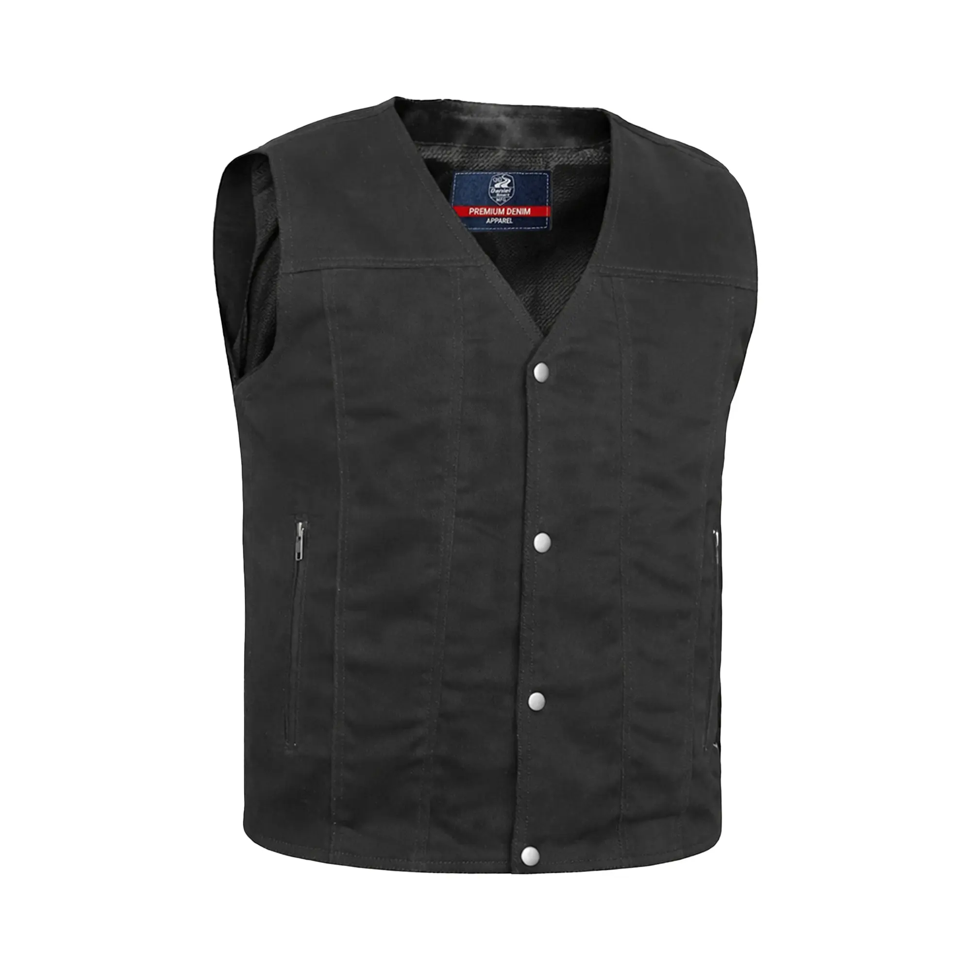DANIEL SMART The Dark Knight Men's Denim Motorcycle Vest - Tapered Fit V-Neck with Concealed Carry Pockets, Zippered Pockets & Single Panel Back