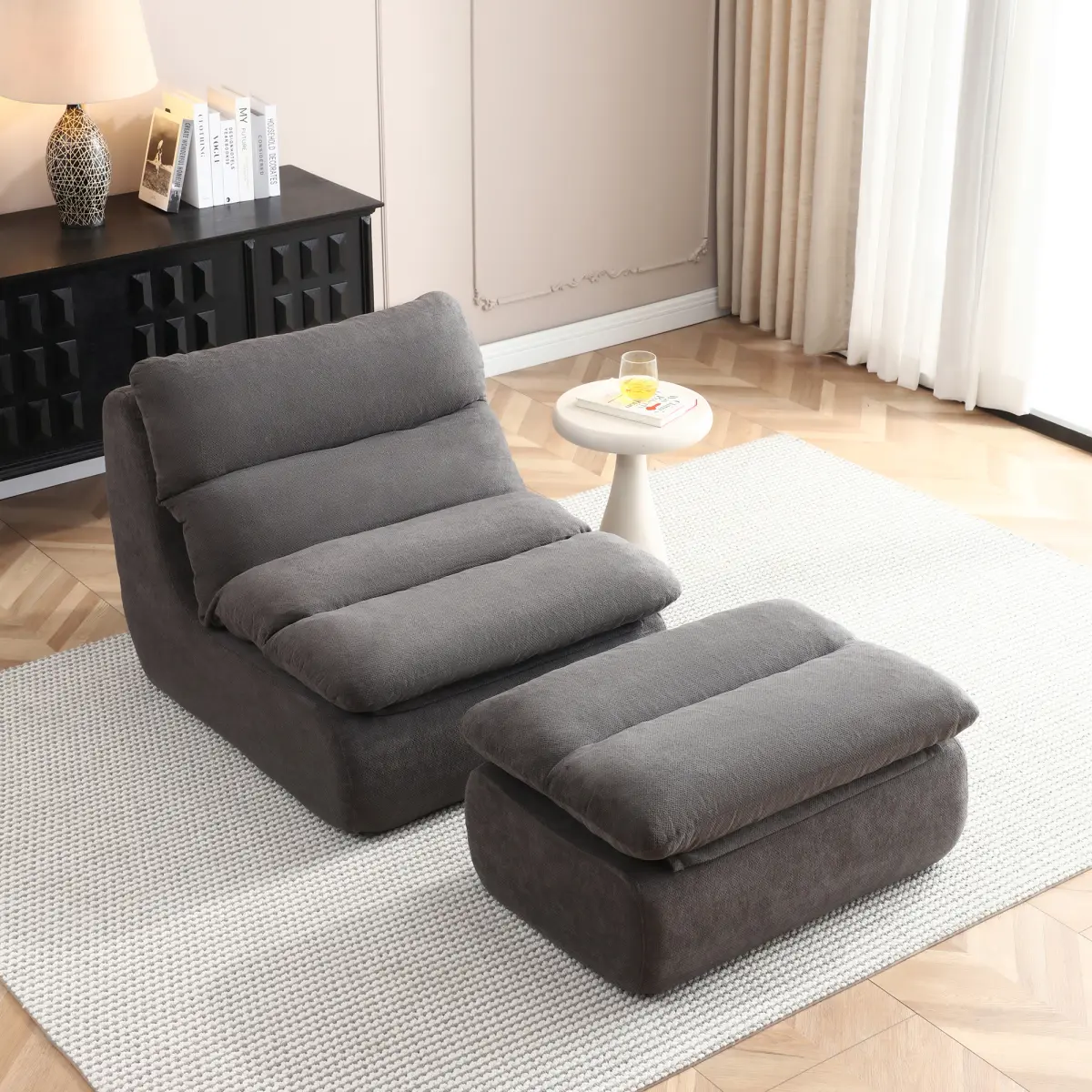 [Bellemave]  32" Bean Bag Chair with Ottoman, Big Chaise Lounge Chairs for Adults, Tufted Upholstered Lazy Sofa for Living Room, Bedroom